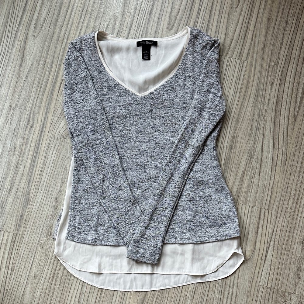 White House Black Market Gray and Cream V-Neck Blouse